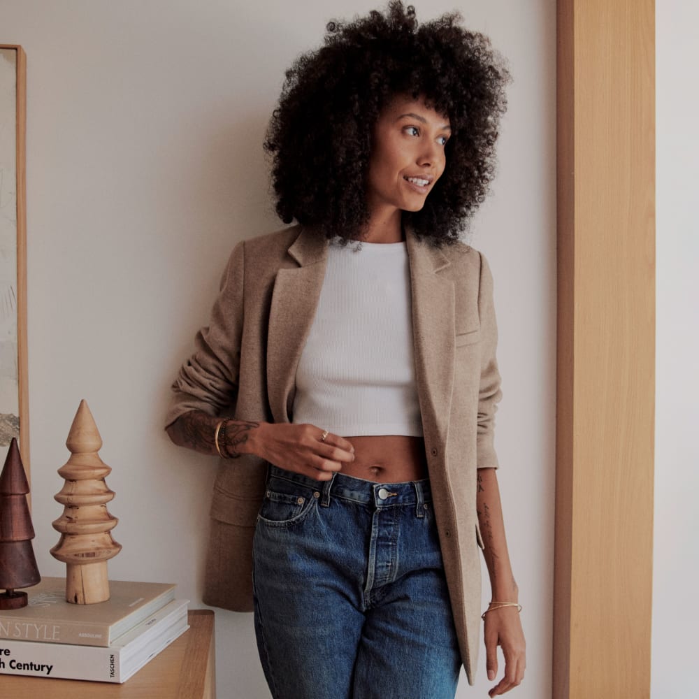 The Pima Micro-Rib Cropped Long-Sleeve Crew in White — front view