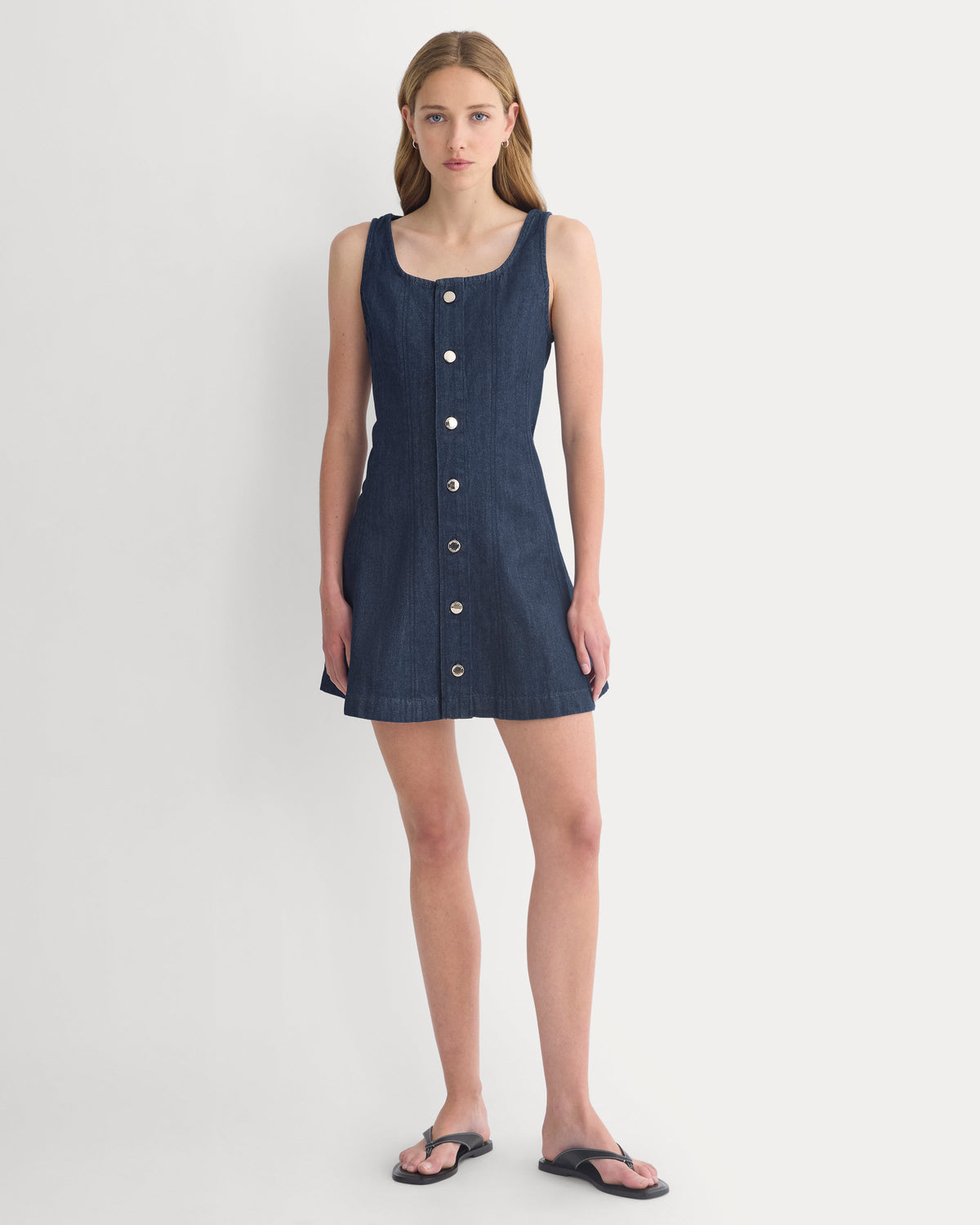 Denim Button-Front Mini Dress in Tungsten Rinse — front view
