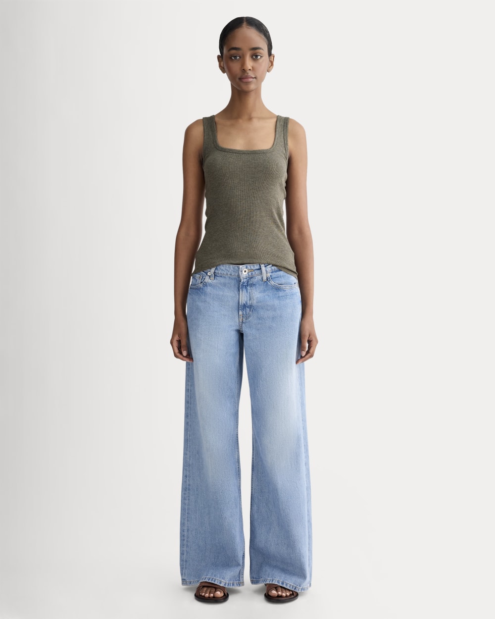 The Luxe Rib Square-Neck Tank in Heathered Fatigue — detail view