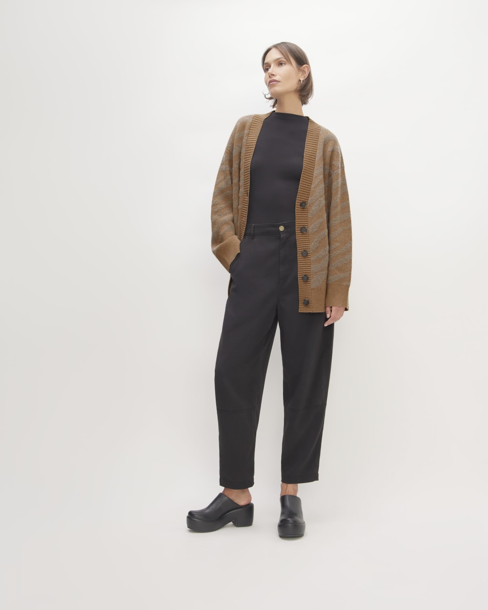 The Alpaca Tiger Jacquard Cardigan in Camel / Medium Brown — detail view