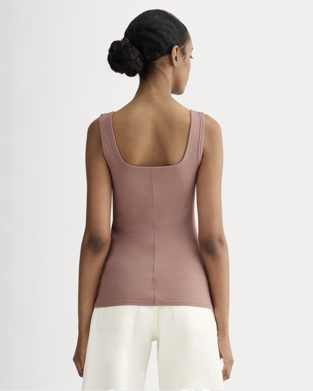 The Luxe Rib Square-Neck Tank in Rose Dusk — detail view