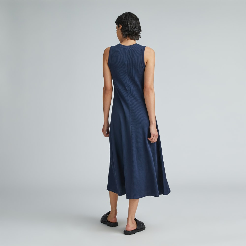 The Organic Cotton Waffle Tank Dress in Navy — detail view
