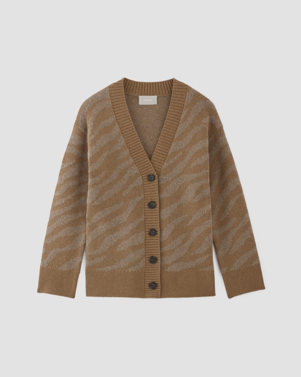 The Alpaca Tiger Jacquard Cardigan in Camel / Medium Brown — alternate view