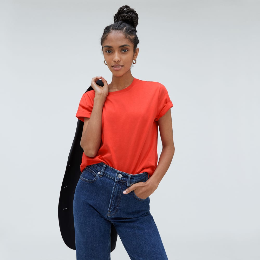 The Box-Cut Tee in Essential Cotton in Red Orange — detail view