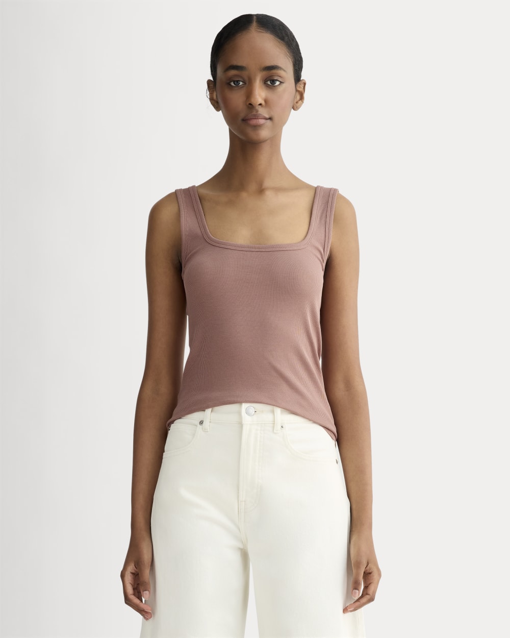The Luxe Rib Square-Neck Tank in Rose Dusk — front view