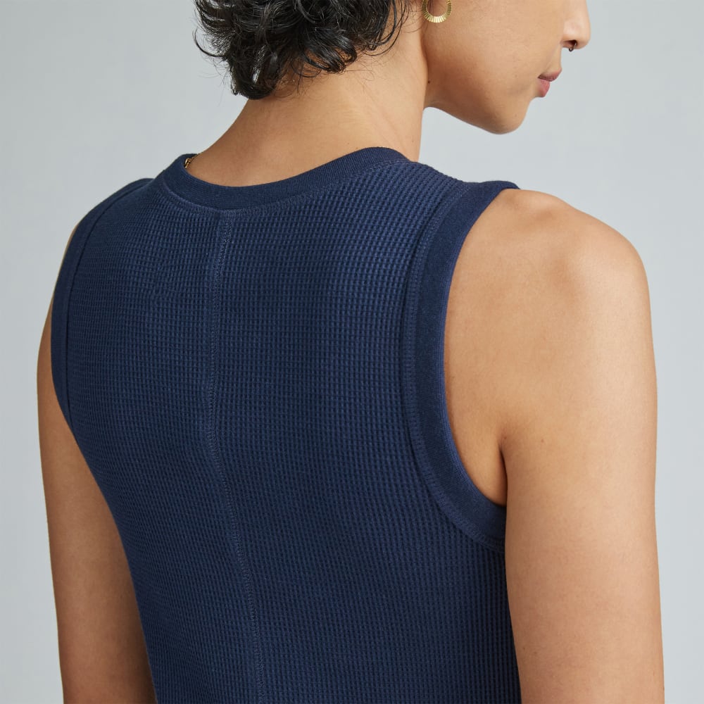 The  Organic Cotton Waffle Tank Dress in Navy — detail view