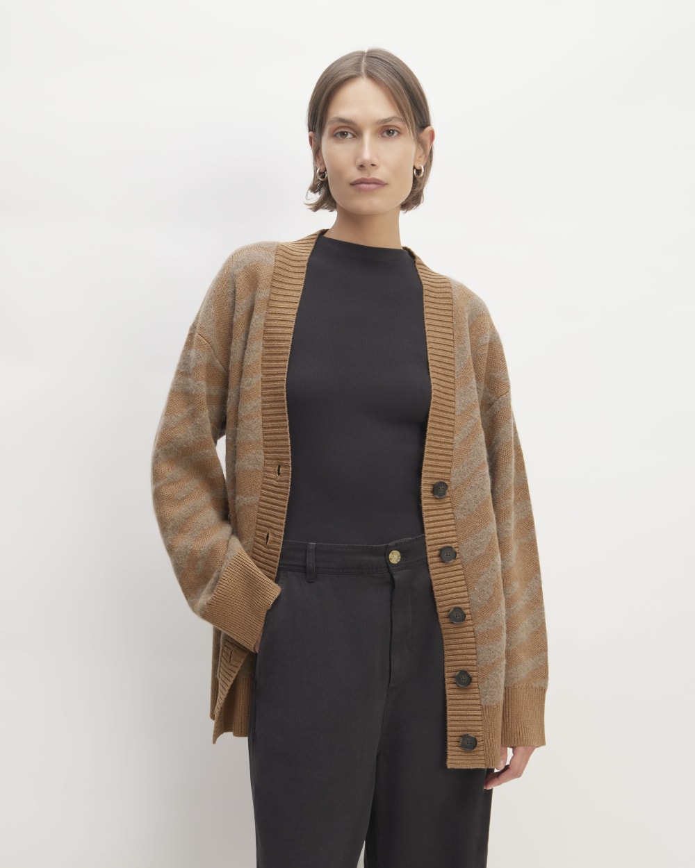 The Alpaca Tiger Jacquard Cardigan in Camel / Medium Brown — front view
